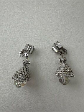 Silver Crystal Drop Clip-On Earrings - Clear Rhinestone Dangle